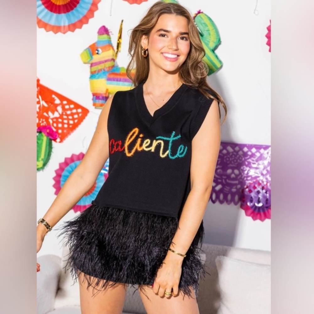 NWT Queen of Sparkles Caliente Black Feather Hem Top Sweater Vest Sequin PRIDE